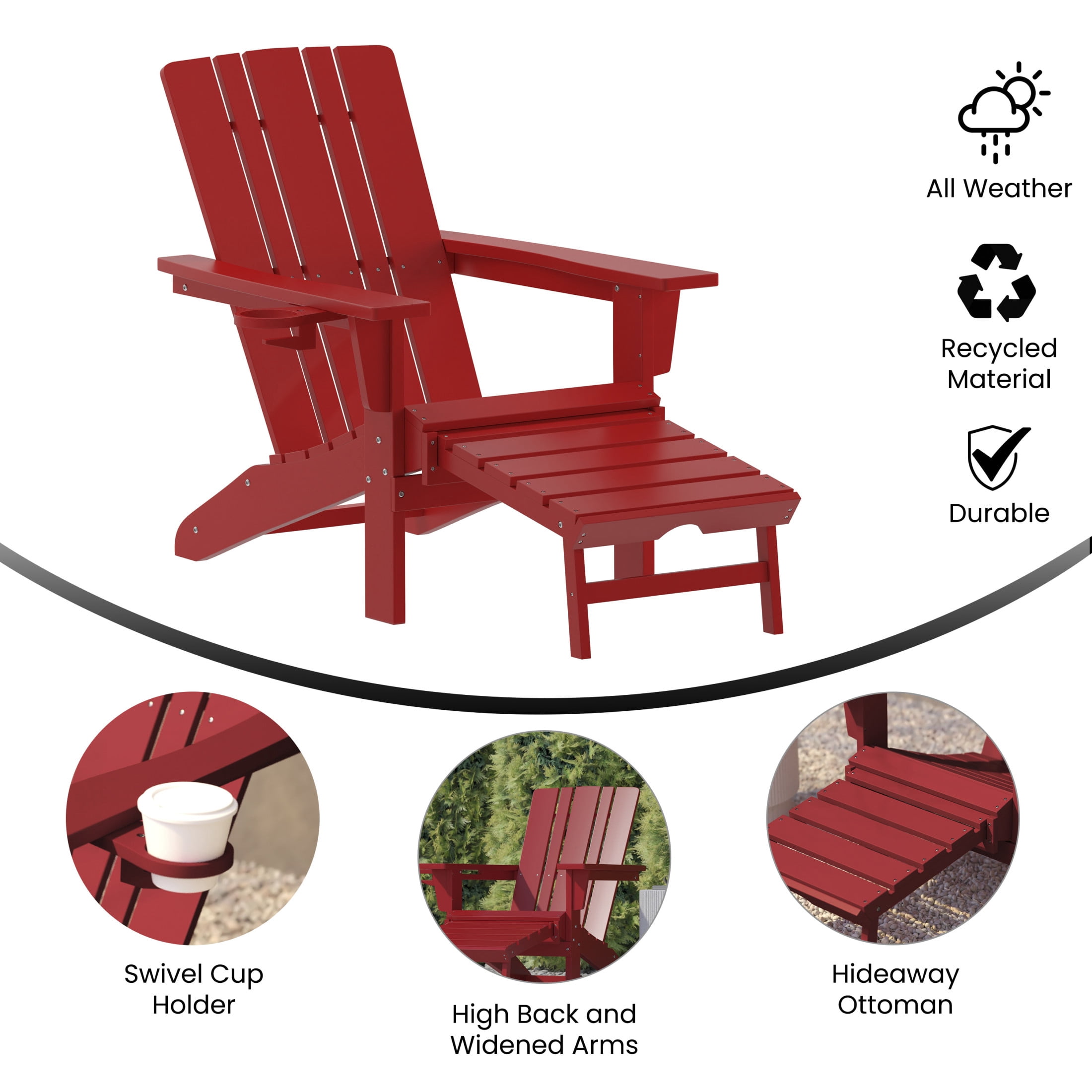 Flash Furniture Halifax HDPE Adirondack Chair with Cup Holder and Pull Out Ottoman, All-Weather HDPE Indoor/Outdoor Lounge Chair in Red, Set of 2
