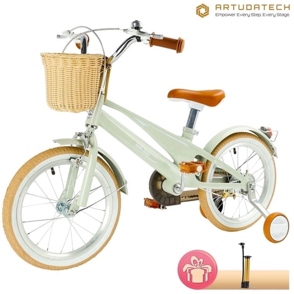 16 Inch Girls Boys Bike for 4-9 Years Old Toddlers and Kids, Kids Bike with Training Wheels, Basket, Dual Brake, Retro Style Children Bicyle