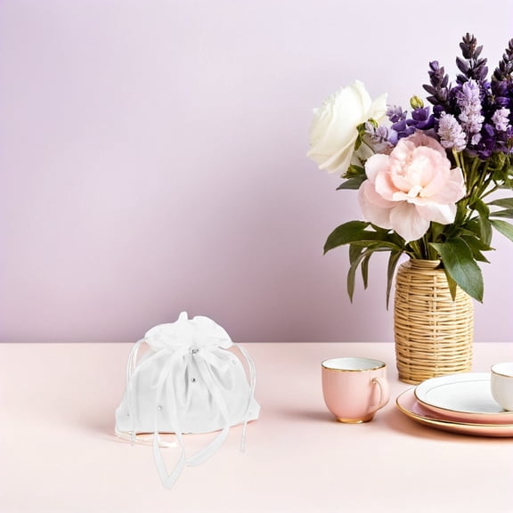 BESTYASH 2Pcs White Fabric Wedding Handbag Set with Floral Design Elegant Bride Tote Bags for Wedding Day Accessories