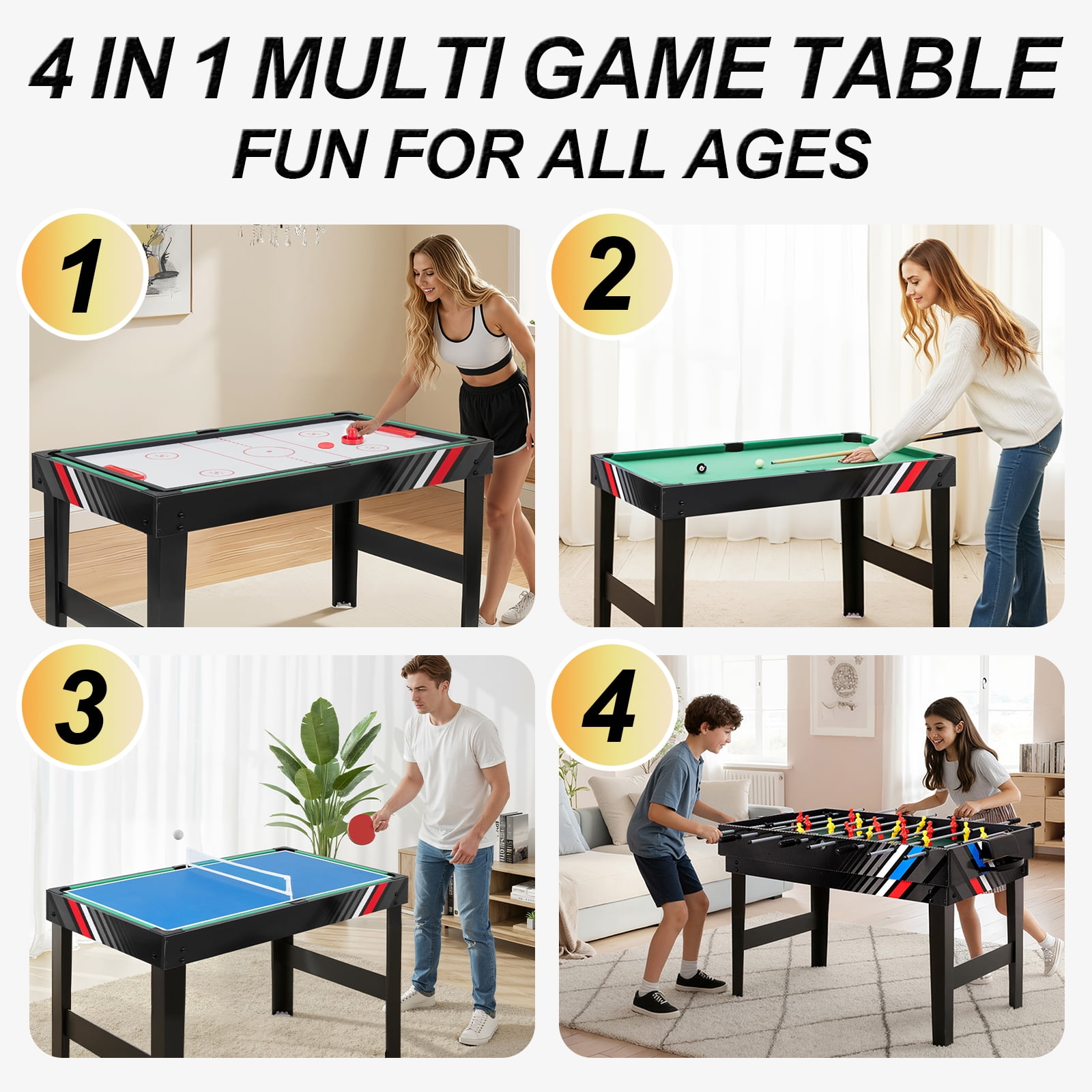 4 in 1 Multi Game Table, 49" Combo Game Table with Foosball, Pool Billiards, Air Hockey & Ping Pong with Accessories for Kids Adults, Game Table Set for Game Room, Indoor, Outdoor, Friends & Family