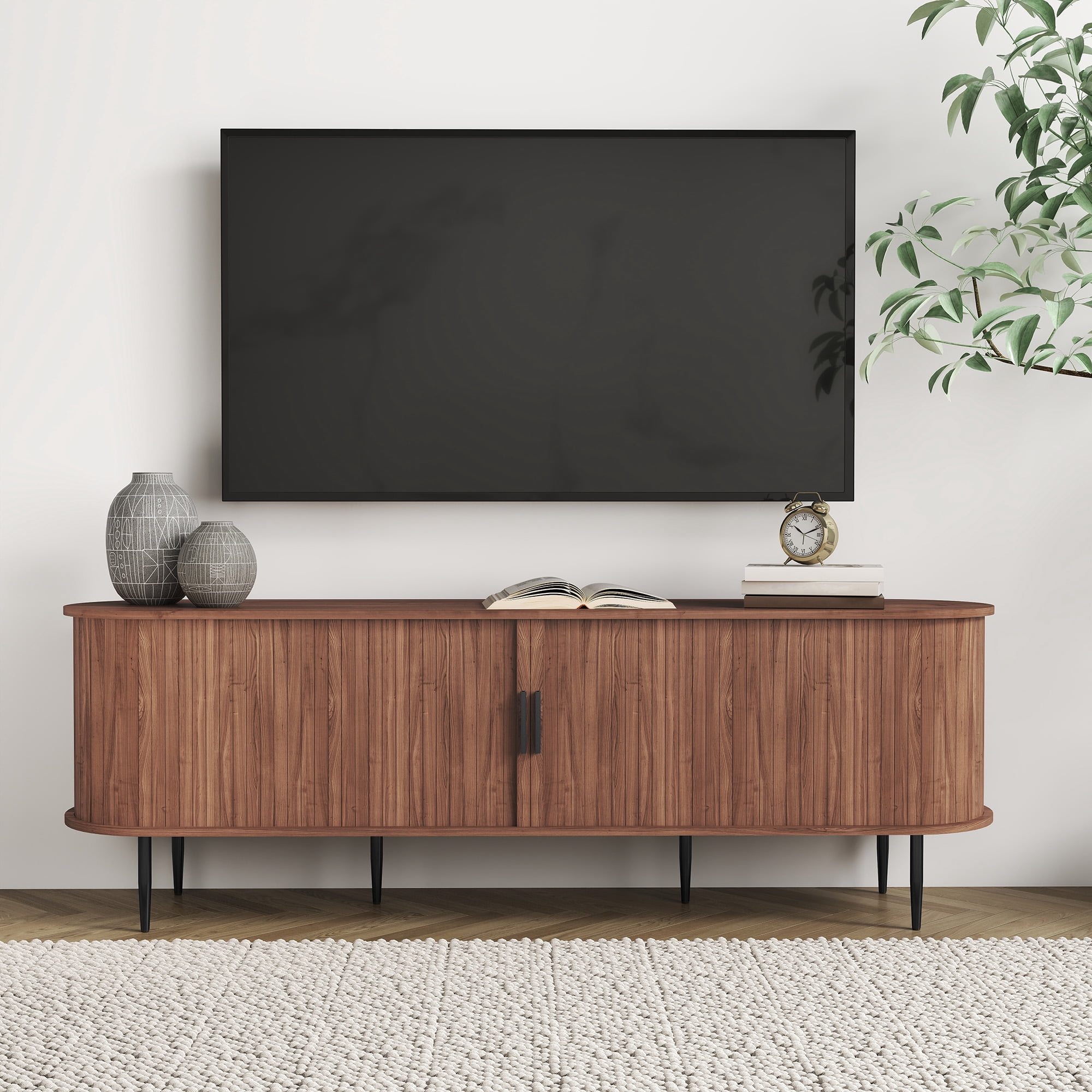 HLR 70" Mid Century TV Stand with Tambour Door for TVs up to 80", Entertainment Center with Storage, Brown