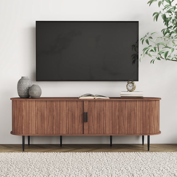 HLR 70" Mid Century TV Stand with Tambour Door for TVs up to 80", Entertainment Center with Storage, Brown