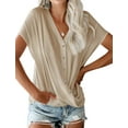 thumbnail image 4 of Women Solid Color V Neck Batwing Sleeve Cross Drape Front Buttons T-Shirt, 4 of 5