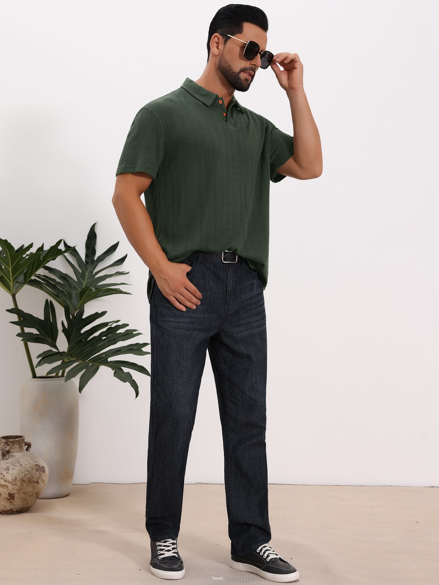 DARING DIVA Men's Jacquard Short Sleeve Button Down Collared Polo Shirts M Green
