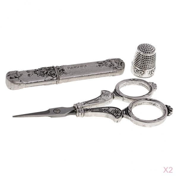 2x 3 partes / set tijeras de coser de plata antigua caja de de dedal para manualidades de