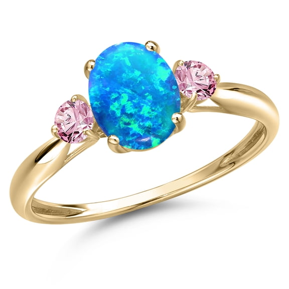 Gem Stone King 10K Yellow Gold Simulated Blue Opal and Pink Lab Grown Diamond 3-Stone Ring for Women | 1.32 Cttw | Oval Cabochon 8X6MM | Gemstone October Birthstone | Size 8