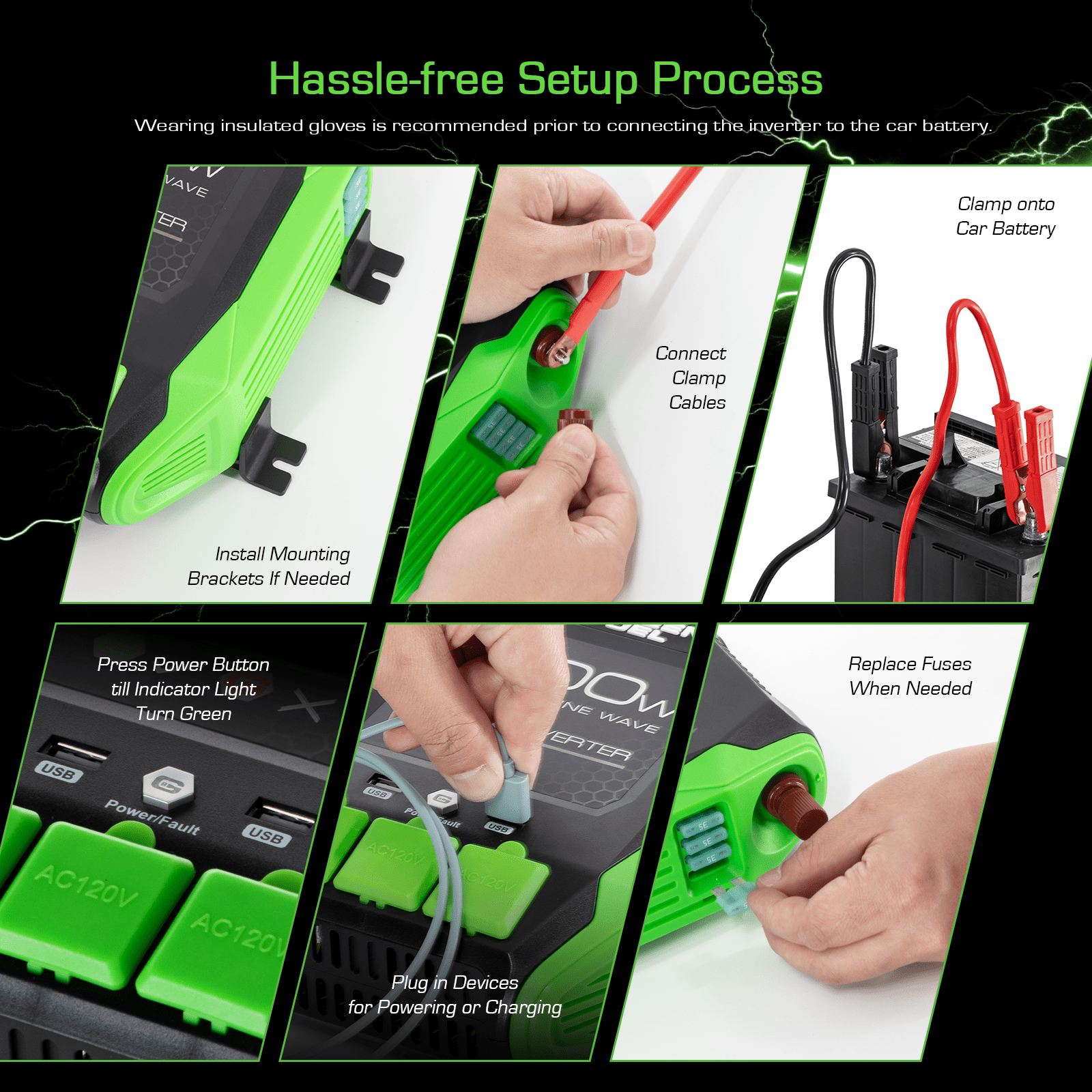 GREEN FUEL 1000W Power Inverter 2000W Peak w/DC 12V to 3X 120V AC, 2X 2.4Amp USB, Mounting Brackets and Clamps Included