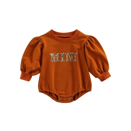 

Frobukio Infant Baby Girls Romper Leopard MINI Letter Print Puff Long Sleeve Playsuit Casual Autumn Outfit Caramel 6-12 Months