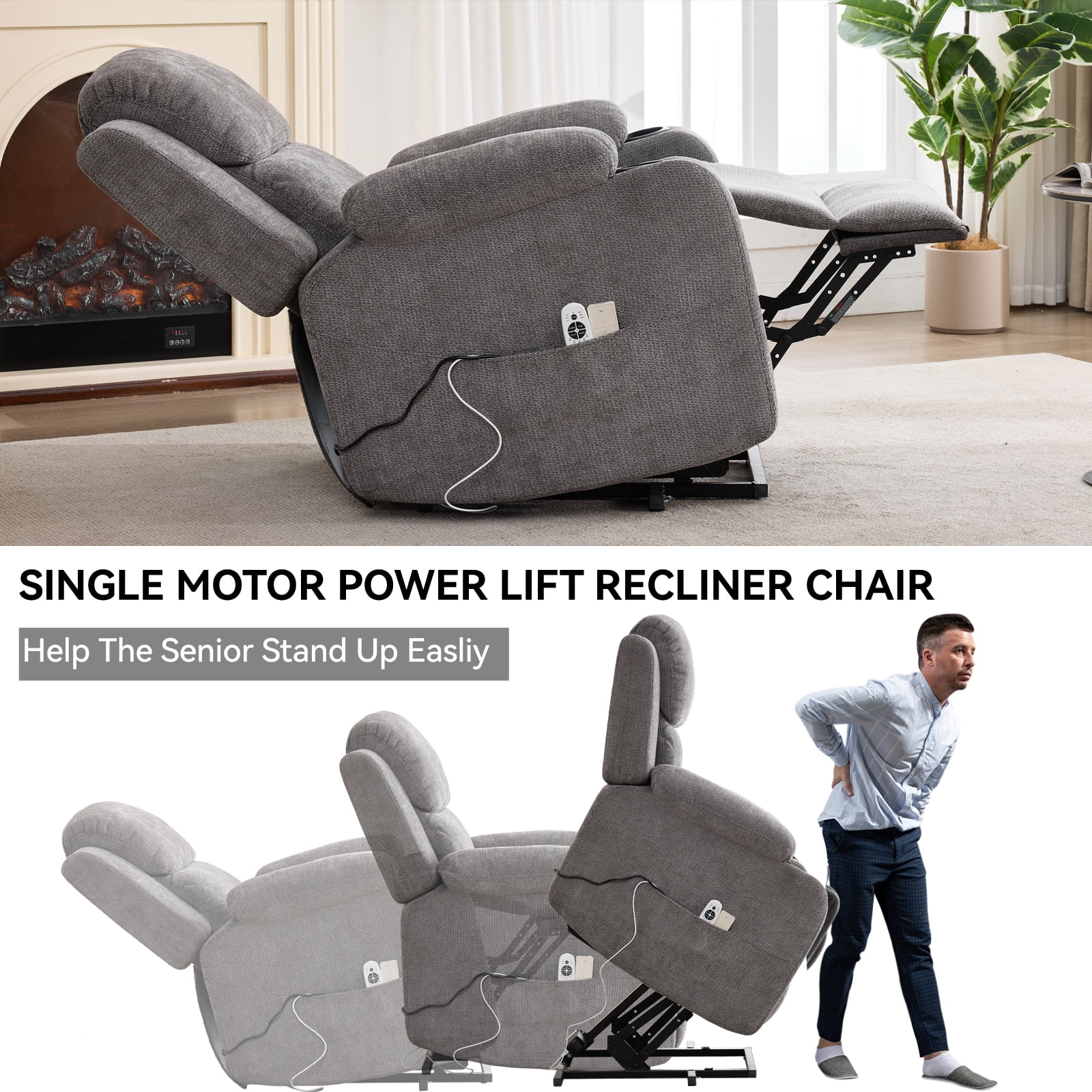 Miniyam Power Lift Recliner Chair with Massage and Lumbar Heat, Fabric Adjustable Reclining Chair with Remote Control, USB Port and Cup Holders, Gray