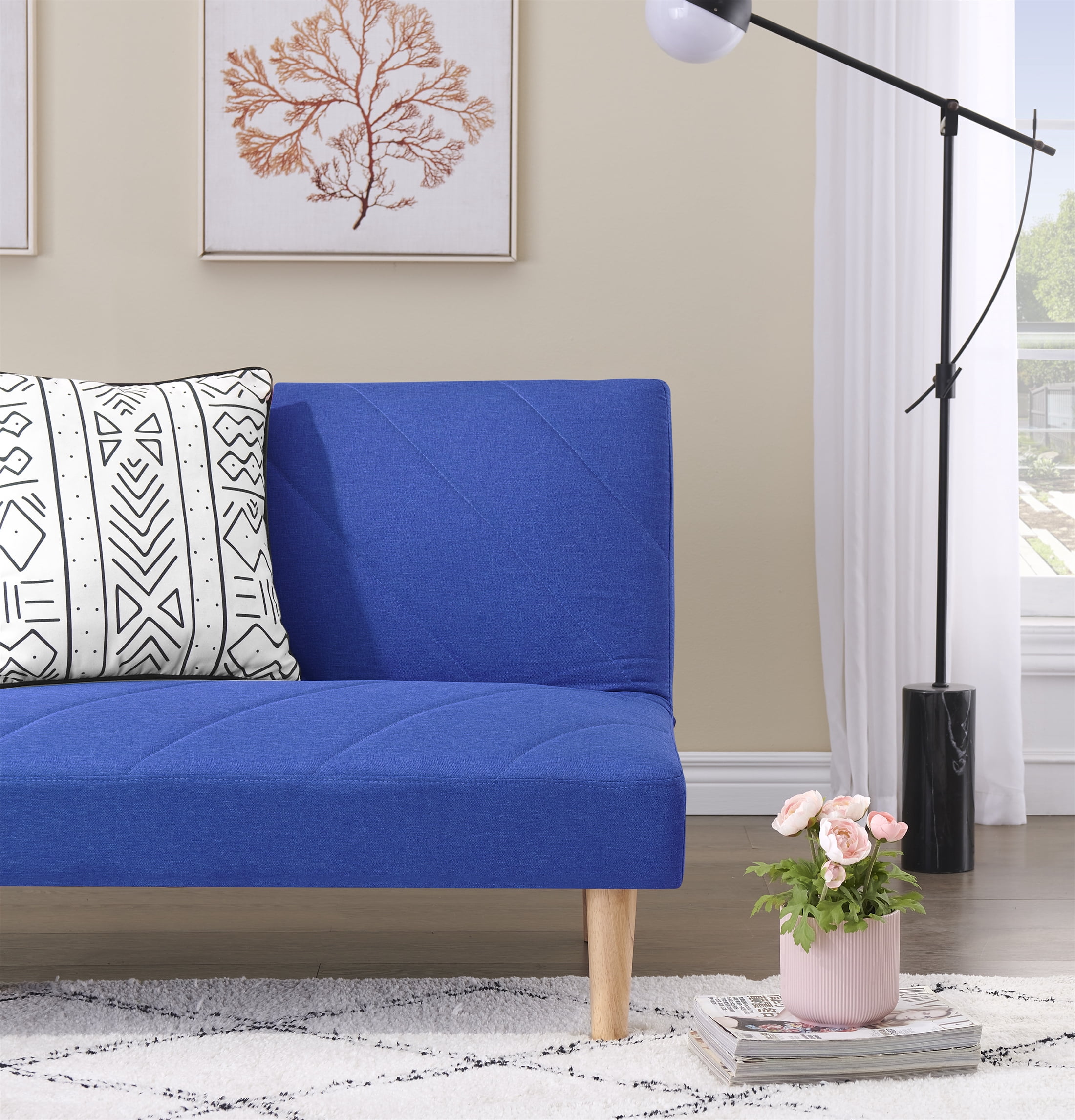 Aukfa Futon Convertible Sofa Bed- Twin Size- 5 Wooden Legs- Space Save- Blue