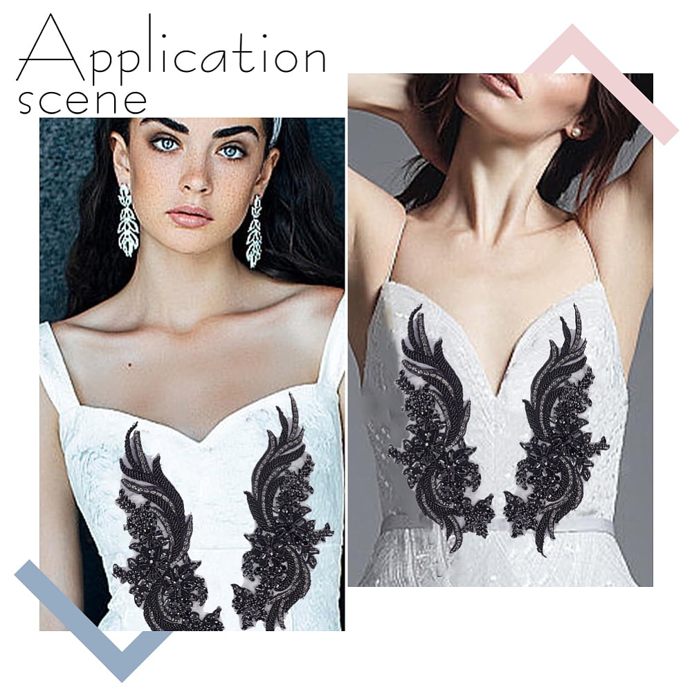 2Pcs Polyester Handicraft Flower Beading Felt Appliques with Glass Rhinestone Costume Accessories Sewing Craft Decoration Black 375x148x6mm