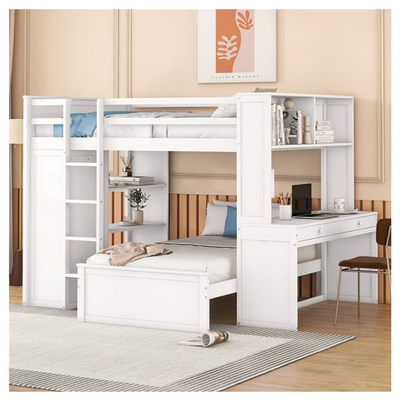 Full Size Loft Bed with Twin Stand-alone Bed, Shelves, Desk & Wardrobe, White