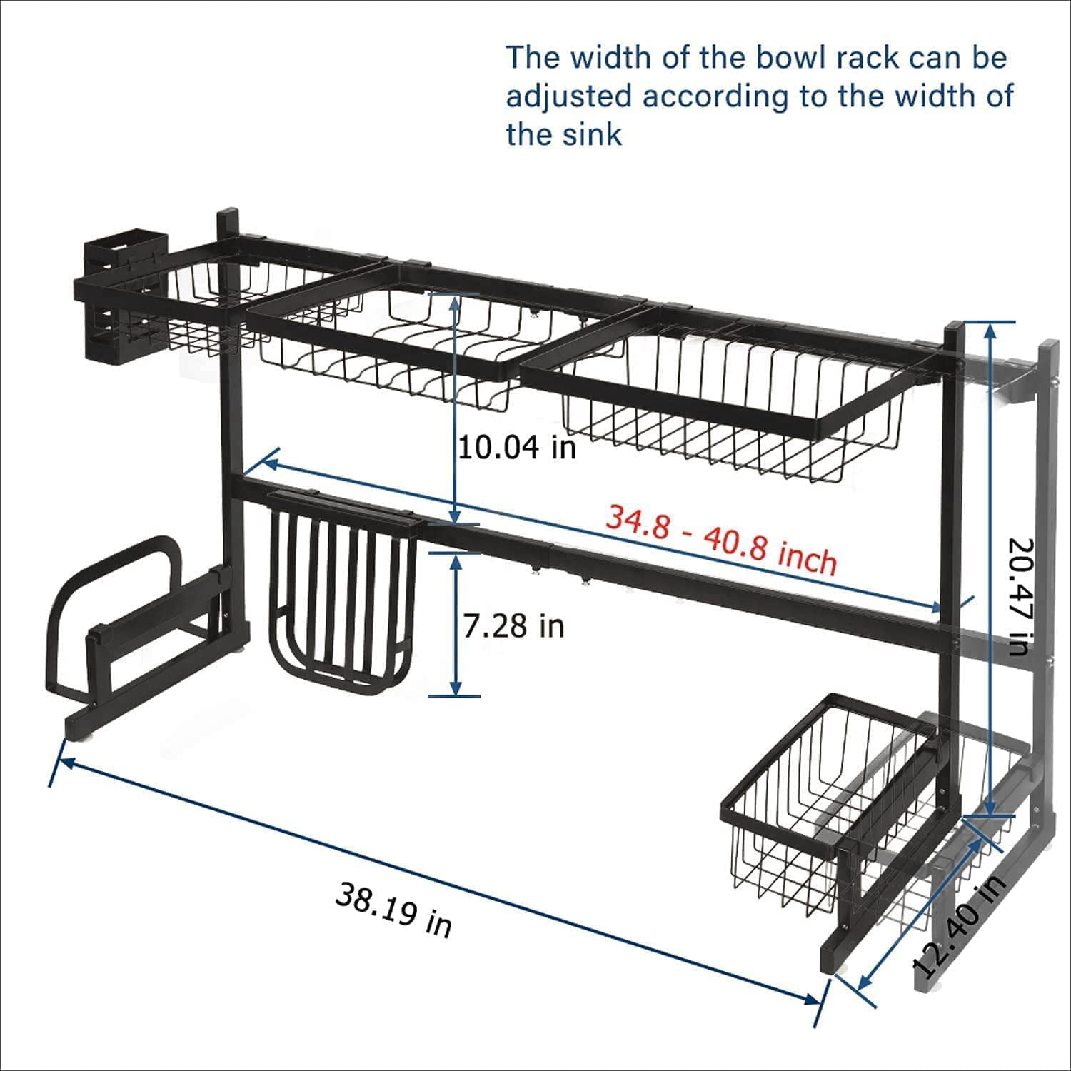 2-Tier Stainless Steel Over the Sink Dish Rack (Large, Black)