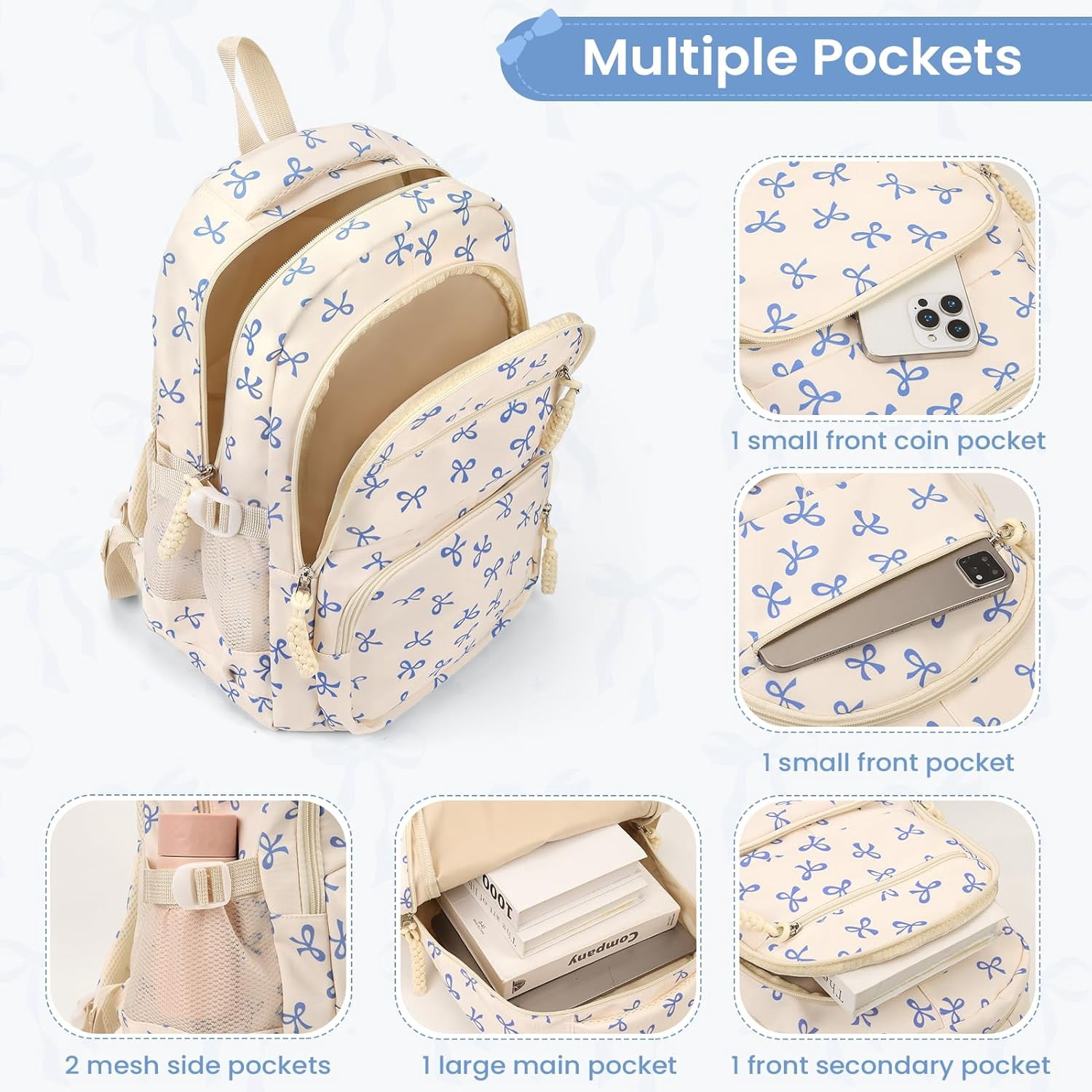 Lohol Coquette Aesthetic Backpack - Cute Kawaii Bow Rucksack for Women, Trendy & Lightweight Nylon Daypack (A02 Bow Blue)