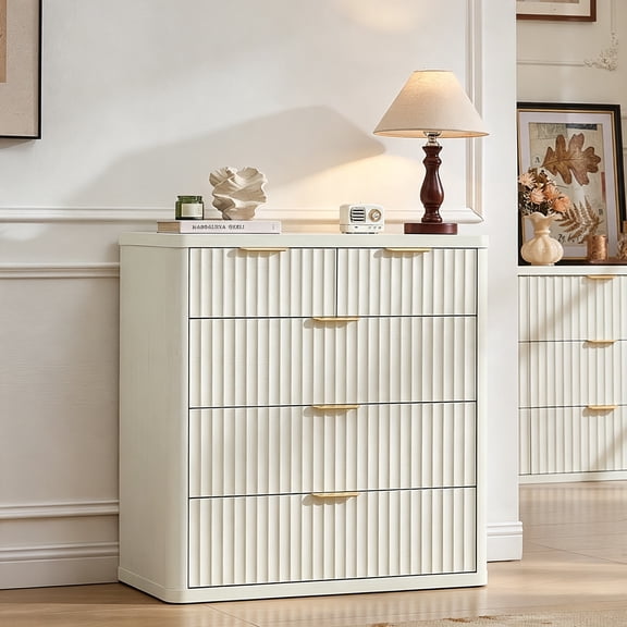 LELELINKY 34" Fluted 5-Drawer Dresser with Metal Handle & Curved Profile, Wood Chest for Bedroom, Living Room, White