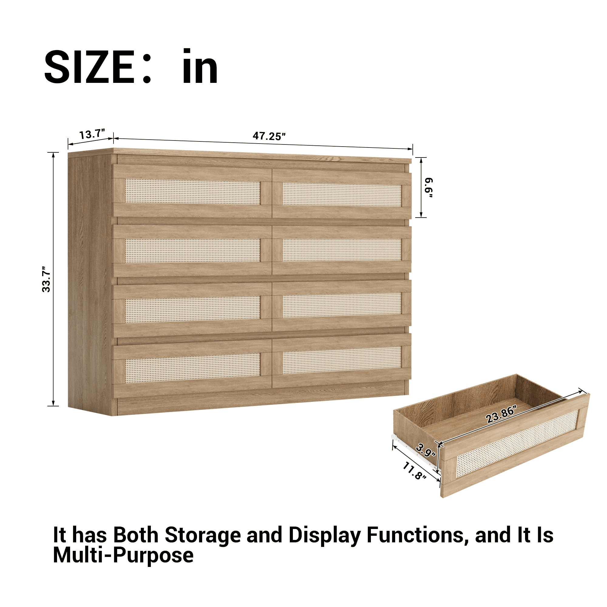 Kicctian 47 Inch Rattan 8-Drawer Dresser, Modern Farmhouse Chest, Multi-Functional TV Stand Dresser for Bedroom,Living Room,Oak color
