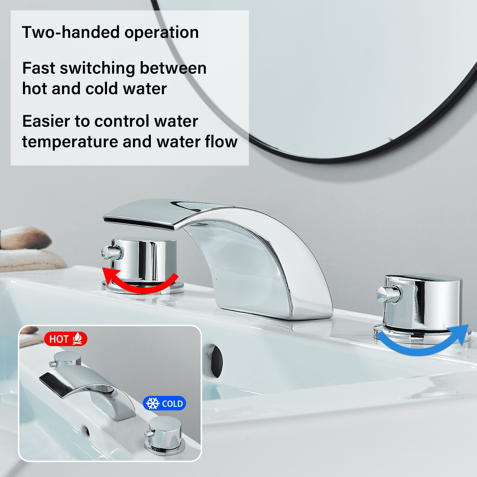 Zovajonia Bathroom Faucet 3 Hole Vanity Basin, 8 Inch High LED Arc Polished Chrome Sink Faucet Mixer Bronze Bath Faucets,Widespread bathroom faucets for sink 3 hole Waterfall Tub Faucet
