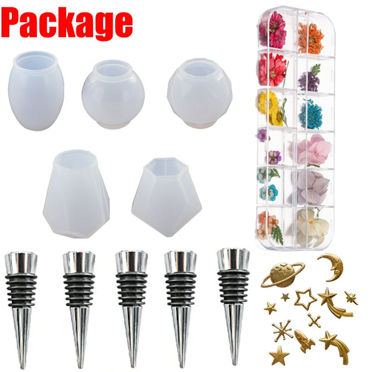 Resin Molds for Wine Stopper , 5PCS Wine Bottle Stopper Silicone Molds for  Resin, with 5 Resin Plugs, with a Box of Dried Flowers and 12PCS Star Moon  Accessories,Crystal Gem Shaped Resin