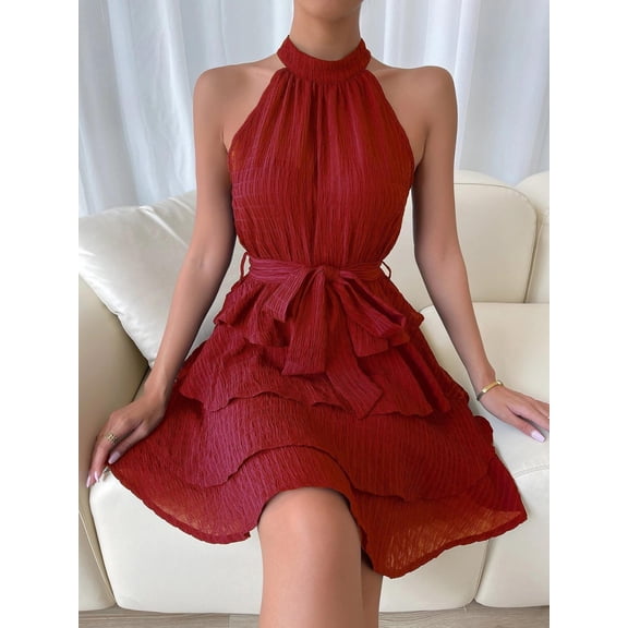 Blmnix Woman Dress Sexy Dresses Fit & Flare Party Dresses Dresses Sleeveless Halter Mid-Length Belted Summer Casual Dresses for Women,M