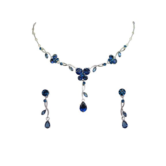 Faship Navy Blue Cubic Zirconia CZ Crystal Floral Necklace Earrings Set