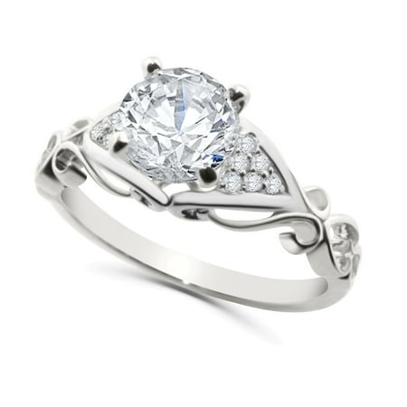 Semi Bezel Solitaire Setting - 14K White Gold Semi Mount Engagement Ring Setting 1/10ctw Fits 1ct Solitaire Size 5