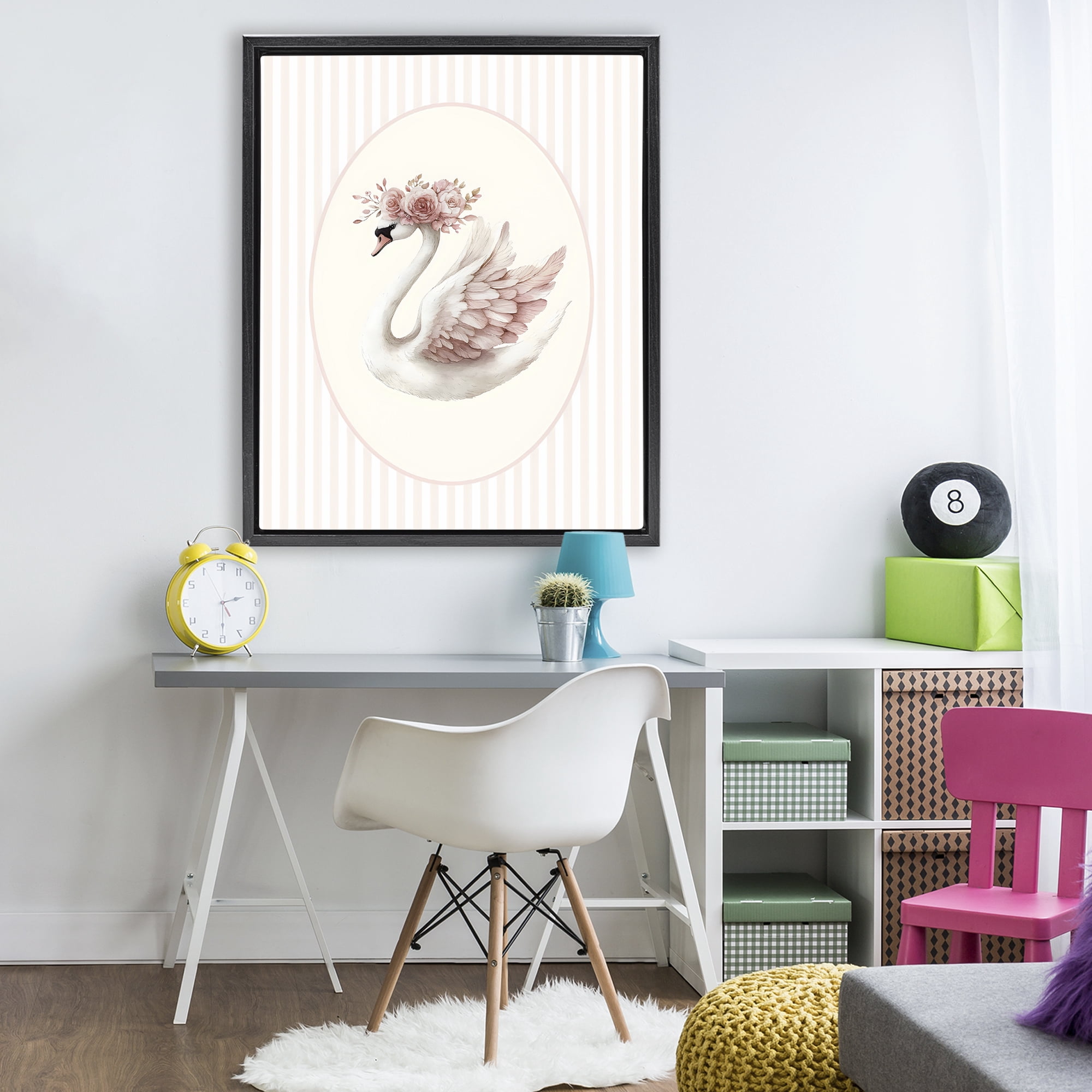Stupell Industries Nursery Ballerina Swan Striped Black Framed Floater Canvas Wall Art, design by LSR Design Studio