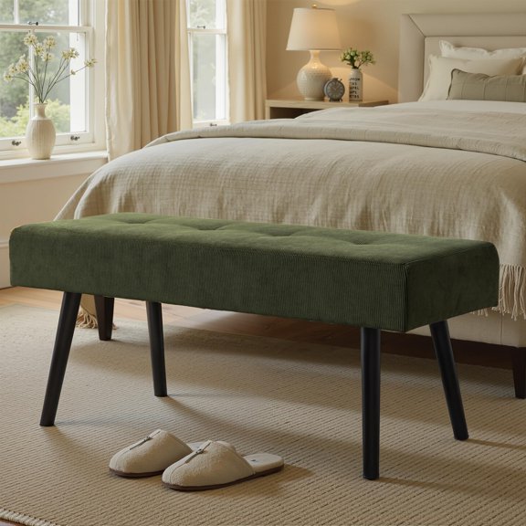 Entryway Bench - Green Bench for Bedroom, Modern Ottoman End of Bed, Corduroy Padded Benches for Living Room, Foyer, Mudroom, Hallway - 39" L x 14" W x 17" H