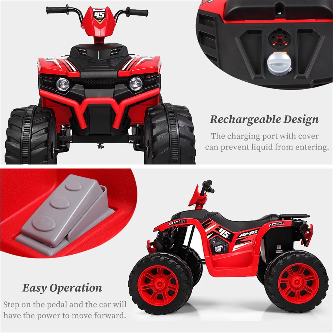 Private Jungle Kids ATV, 12V Battery Powered Electric Vehicle, Ride on Car 4 Wheeler Quad for Boys & Girls Gift, Ride on ATV with LED Lights, Music, Black & Red, Unisex
