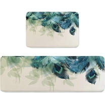 2 Pcs Peacock Feather Kitchen Rugs, Comfort Standing Floor Mat, Non-Slip Runner Mats for Office Kitchen Laundry Bathroom 18x30in 18x47.2in, Teal Blue Turquoise Floral Green Leaf