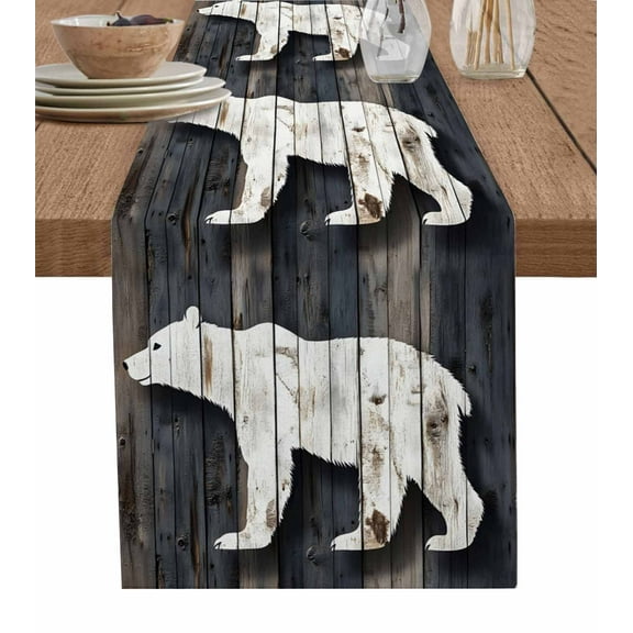 White Brown Bear Table Runner 72 Inches, Retro Country Farmhouse Rustic Wood Grain Bed Runner Dresser Scarves Tabletop for Indoor Outdoor Parties/Ceremony/Banquet, 16" x 72"