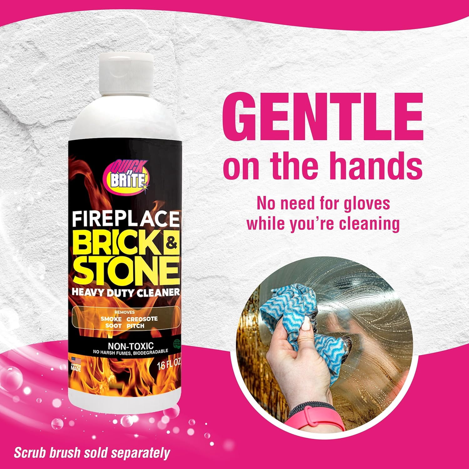 Quick N Brite Fireplace Gel Cleaner for Brick, Stone, Rock, Tile, and Marble, Nonabrasive Fireplace Cleaner, Made in the USA, 16 oz