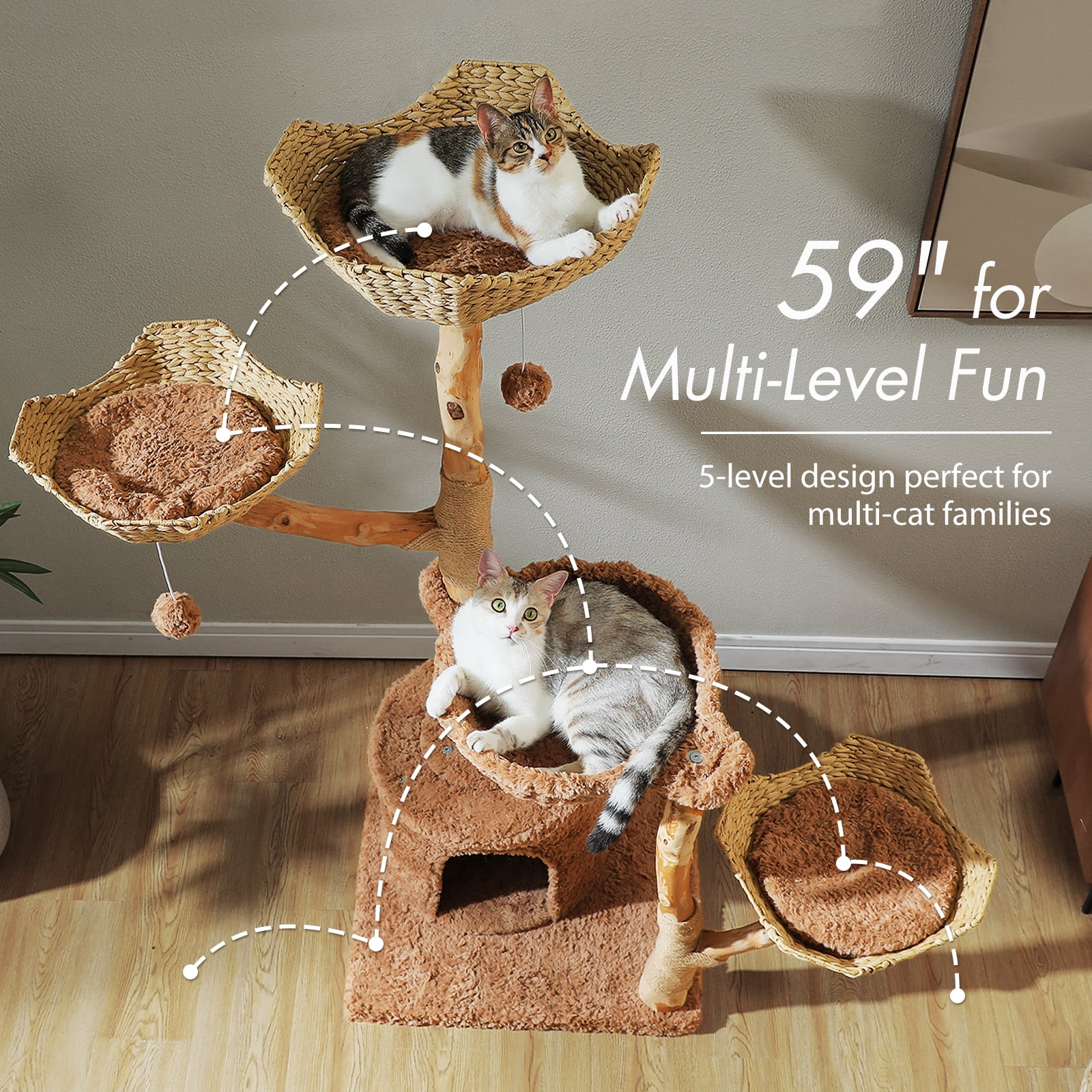 Pefilos 59" Modern Cat Tree Tower with 2 Flower Perches, Condo, Wicker Basket Bed, Boho Cat Furniture with Real Branch Scratching Post, Brown