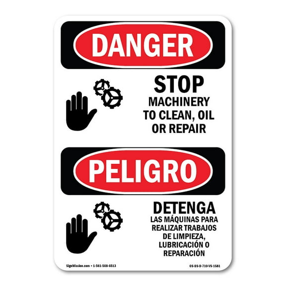 OSHA Danger Sign - Stop Machinery To Clean Repair Bilingual | Plastic Sign | Protect Your Business, Construction Site, Shop Area |  Made in The USA