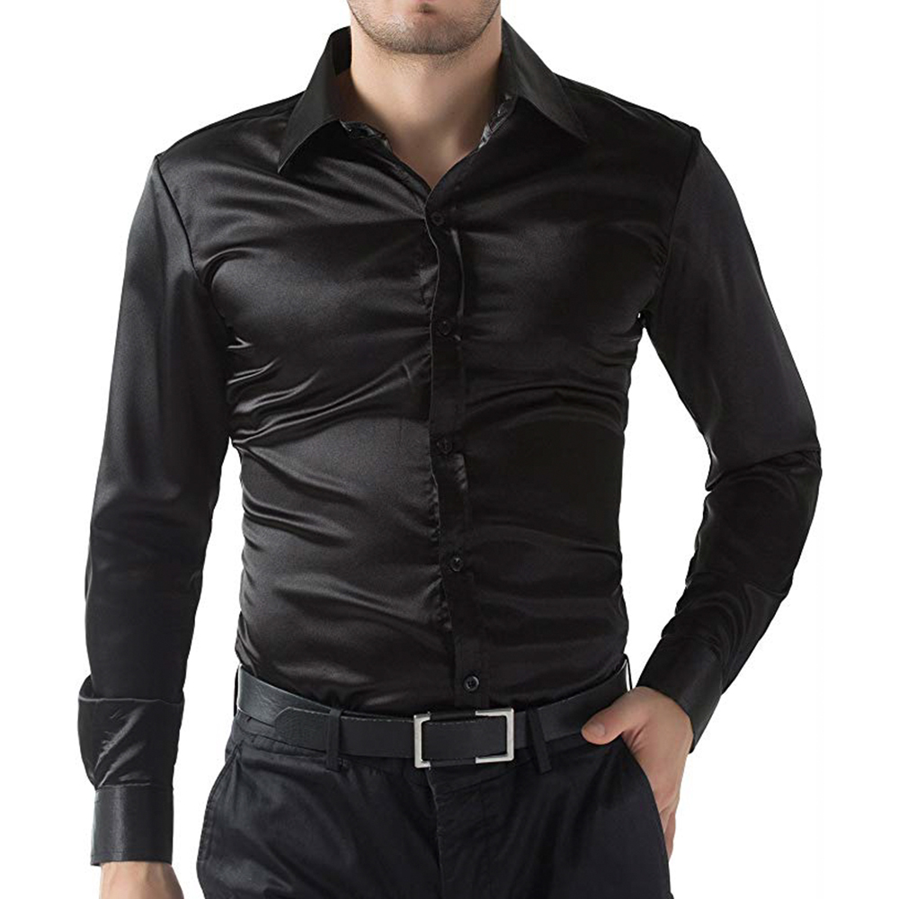 Men Formal Satin Shirts Shiny Silk 