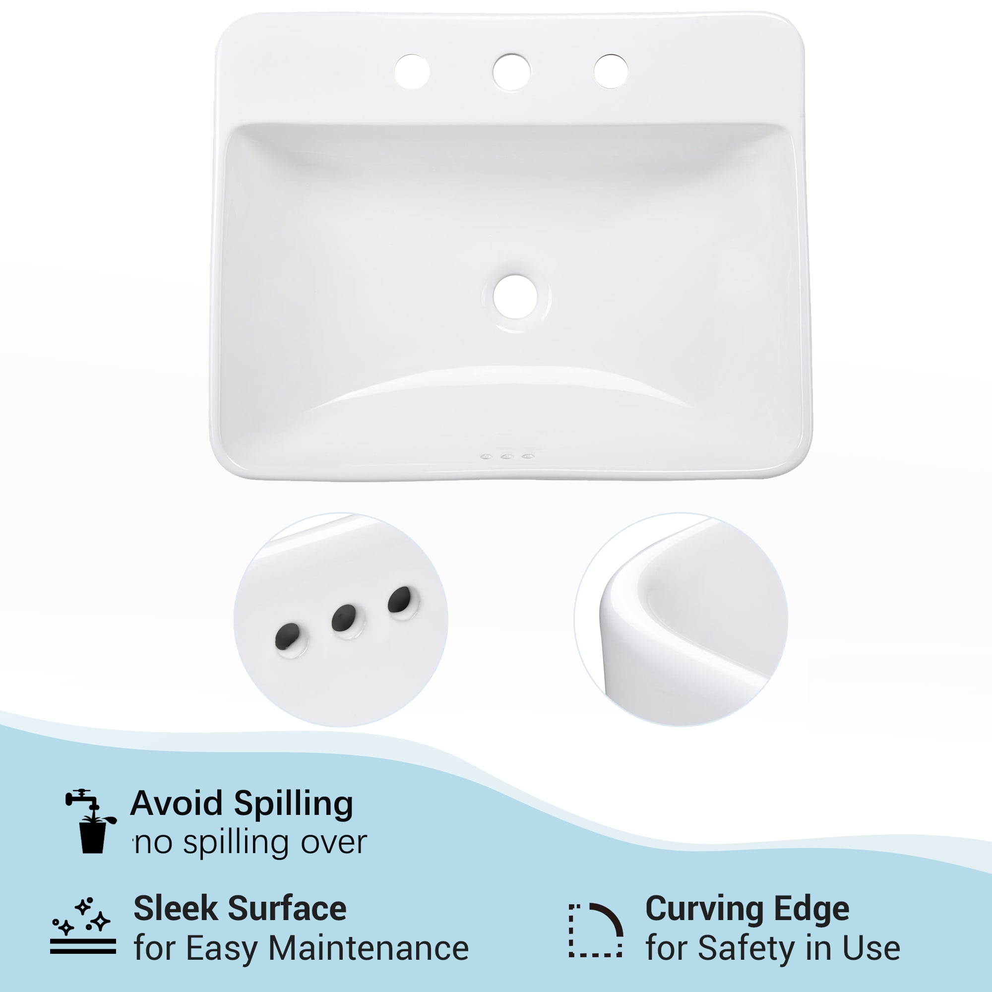 Aquaterior 23" Rectangle Bathroom Vessel Sink Drop in Ceramic Semi Recessed Basin with Pop up Drain