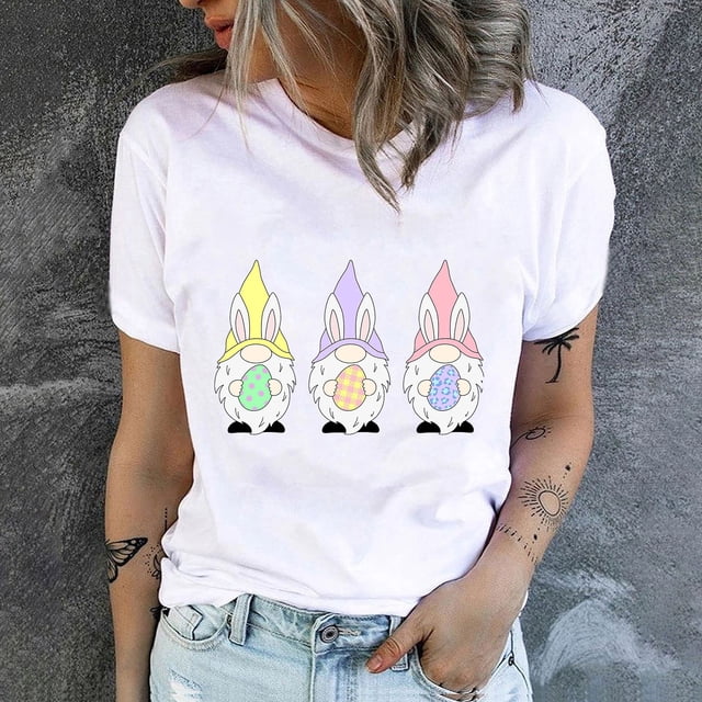 Daisyyozoid Women's Happy Easter Shirt Crewneck T Shirts Rabbit Print Tees Short Sleeve Blouse Tops