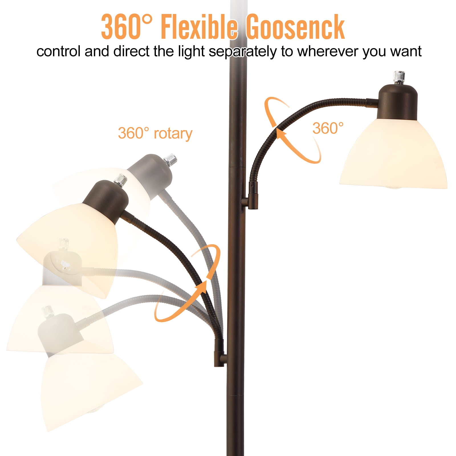 NATYSWAN Torchiere Floor Lamps for Living Room with 2 Reading Lamps, Modern Tall Standing Lamps, Industrial Bright Floor Lamp for Bedroom, Office, Dresser, 3 LED Bulbs Included
