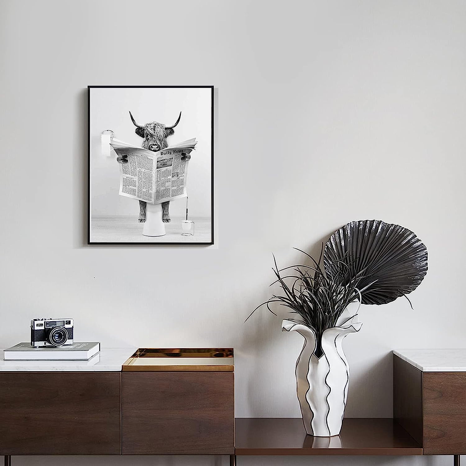 Modern Black Framed Highland Cow Wall Art Minimalist Bathroom Wall Decor Cute Funny Animals Artwork Canvas Prints Ready to Hang for Guest Bathroom, Hotel, Condo, Kids Bathroom, 12x16