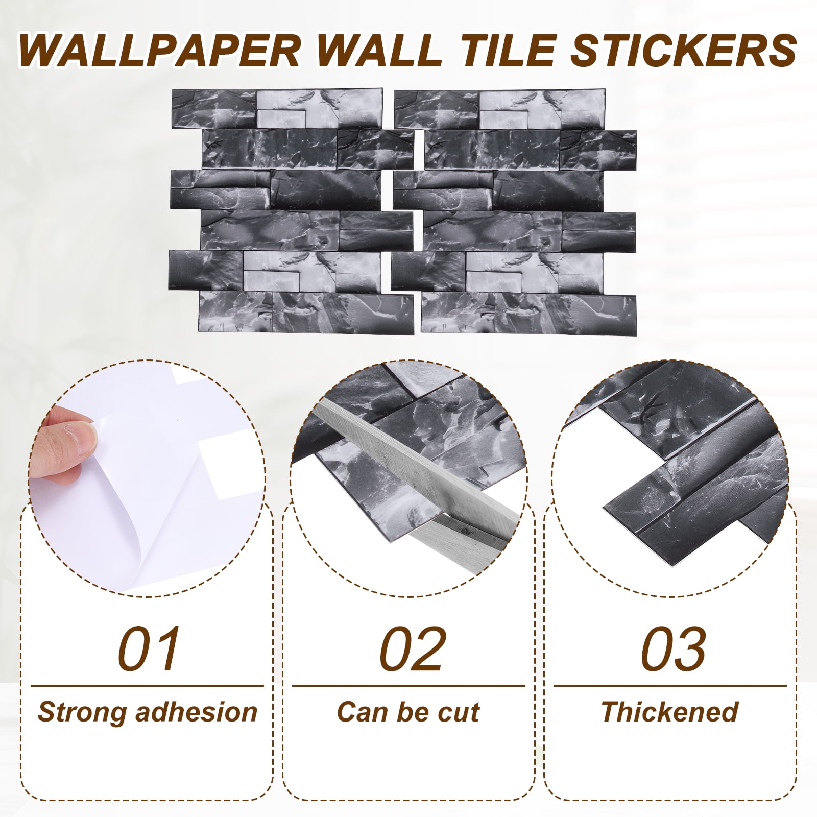 Uxcell 10Pcs Peel and Stick Backsplash Tiles 10.6" x 10.6" 3D Thickened Stone Texture Self-Adhesive Tile Stickers Wallpaper Wall for Kitchen Bathroom Bedroom, Black White Gray