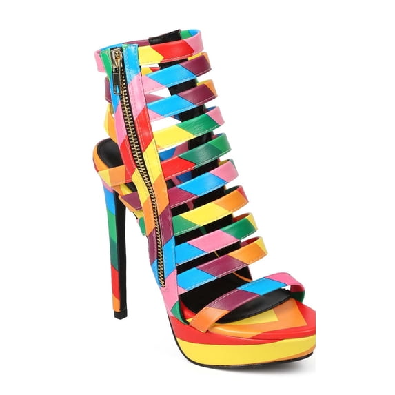 Miss L EK94 Rainbow Striped Peep Toe Caged Single Sole Stiletto Sandal