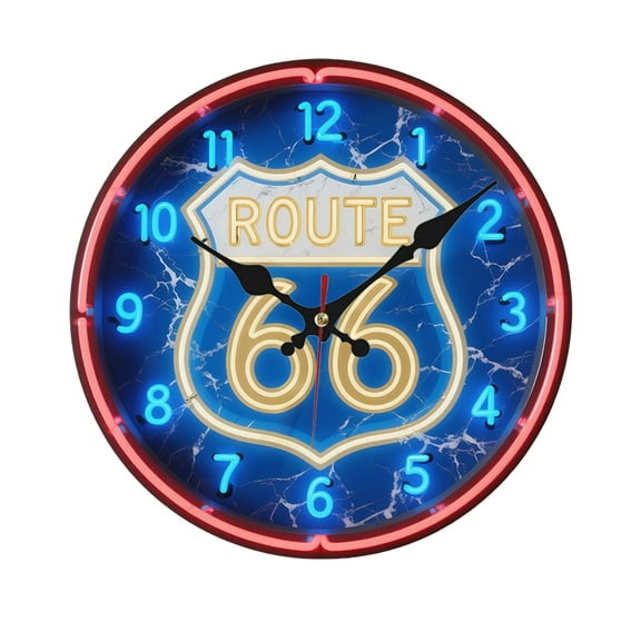 2D 1pc Route 66 Neon Glow Silent Wall Clock - 10x10 Inch Retro Wooden Battery Operated Wall Decor for Home, Office, Music Room, Halloween & Teacher's Day Gift (AA Battery Not Included), Nostalgic Desi