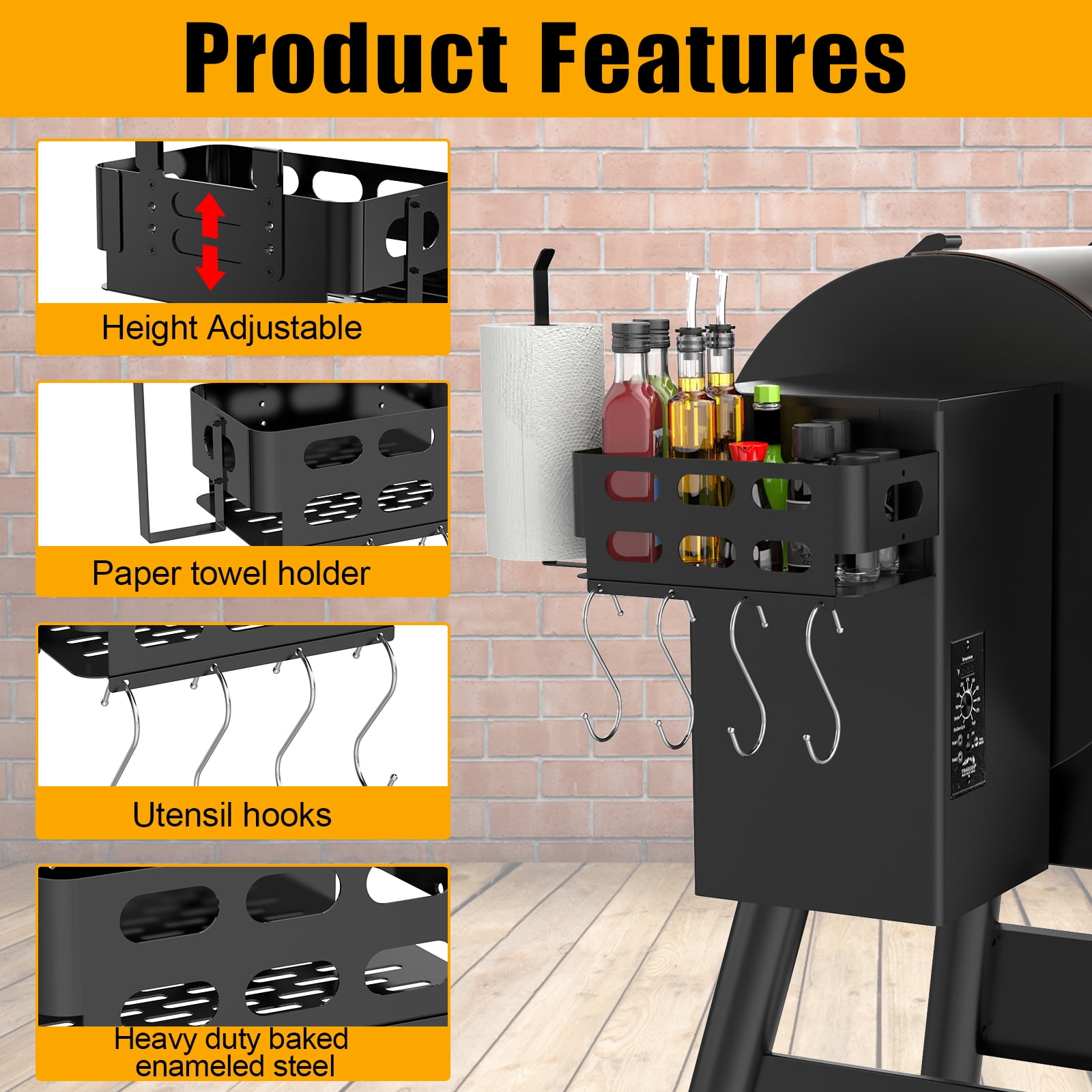 Storage Bin with 4 Hooks and Paper Towel Holder for Traeger Pro 22,  34,  575,  780, Ironwood 650 885, Compatible with Pit Boss &  Z Grill & Other
