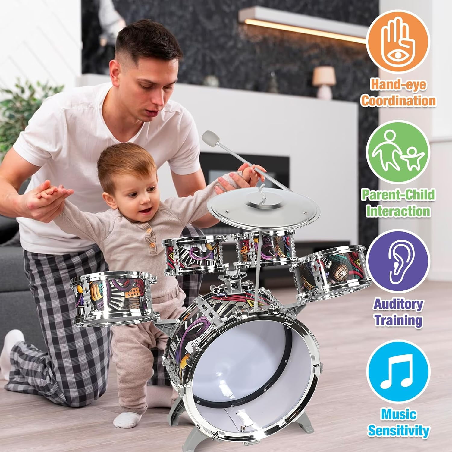 Kids Toddlers Drum Set with 5 Piece High Mini Musical Jazz Drum Kit for Beginners Kids Musical Instruments Toys Gifts for Age 3 4 5 6 7 8 9 10 11 12 Year Old Boys Girls Baby Children