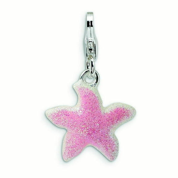 Sterling Silver Enameled Pink Sparkle Starfish with Lobster Clasp Charm (0.5in)