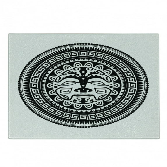 Black and White Cutting Board, Oriental Folklore Motif with Swirls and Scales Monochrome, Decorative Tempered Glass Cutting and Serving Board, Small Size, Black and White, by Ambesonne