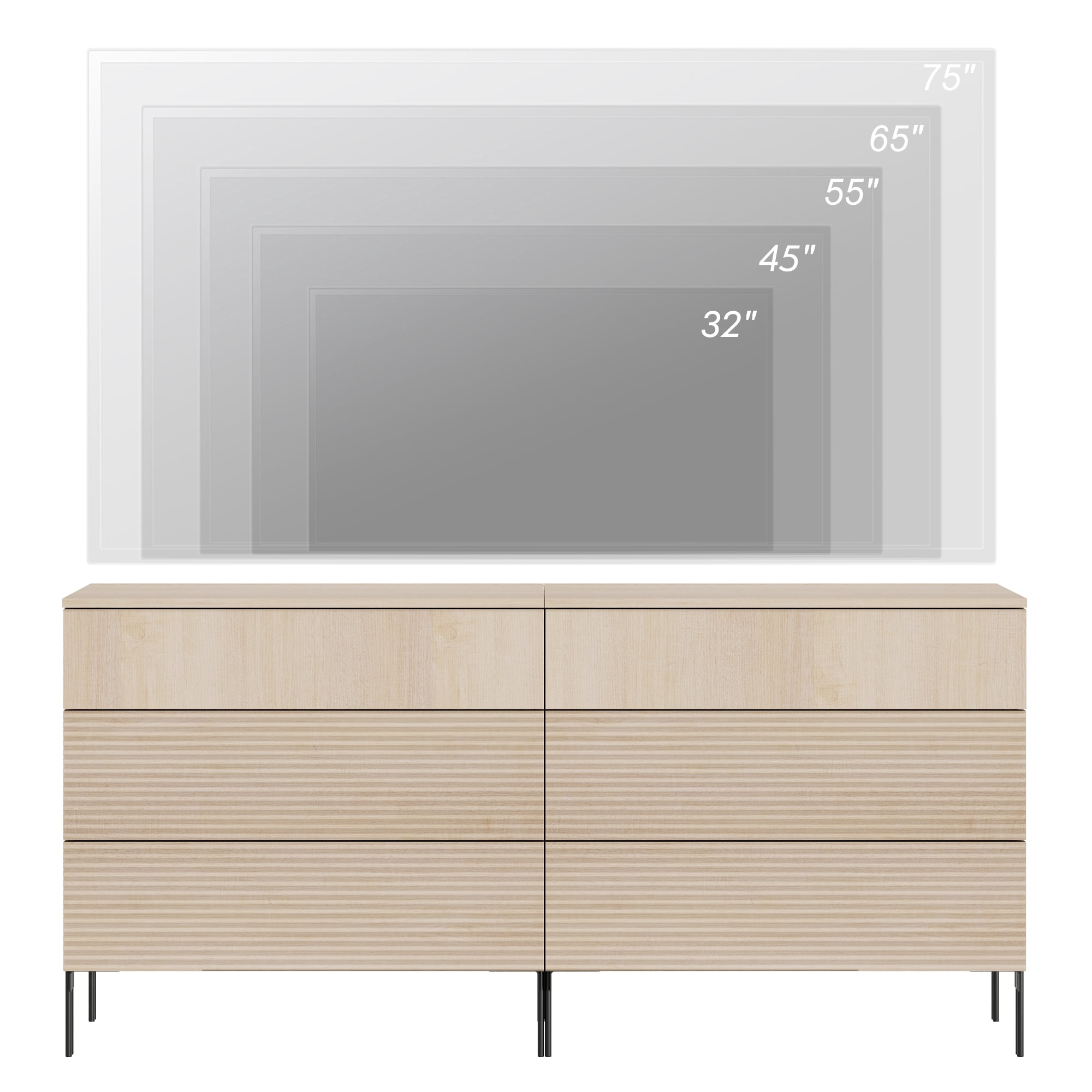 Modern 6 Drawer Dresser TV Stand for TVs up to 75 Inch, Reeded Entertainment Center, Wood TV Console with Storage for Living Room