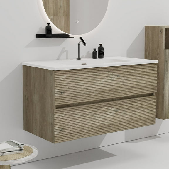 Modern Bathroom Vanity Gloria 36" Wall Mounted Rough Oak&Rough Oak Bathroom Vanity with Integrated Ceramic Sink with Overflow, Large Storage Floating Bathroom Vanity for Modern Bathroom, Pre-assemble
