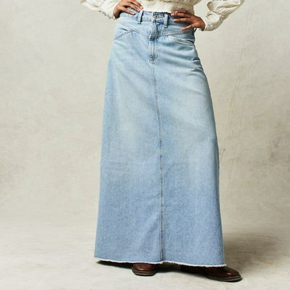 YOUSNH Women Vintage Denim Maxi Skirt Hem High Waist A Line Long Jean Skirt Women's Skirts Blue XL