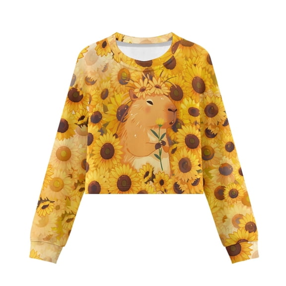Xoenoiee Capybara Sunflower Print Kids Crop Top Trendy Fall Sweatshirts Long Sleeve Pullover Tops for Teen Girls Kids Mock Neck Sweater, 7-8 Years