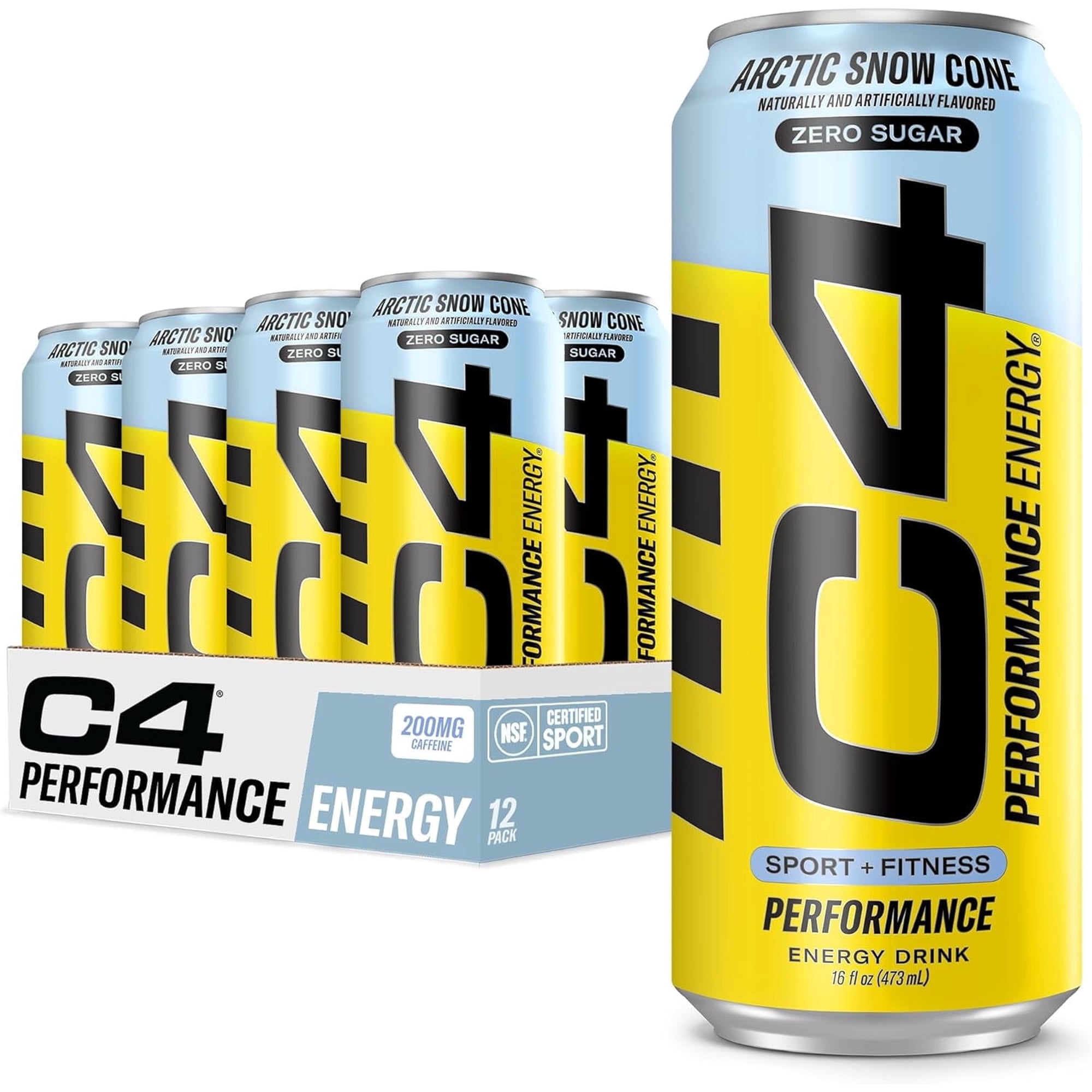 C4 Performance Energy Drink, Arctic Snow Cone Flavor, Zero Sugar, Carbonated, 16 fl oz Can, 12 Pack